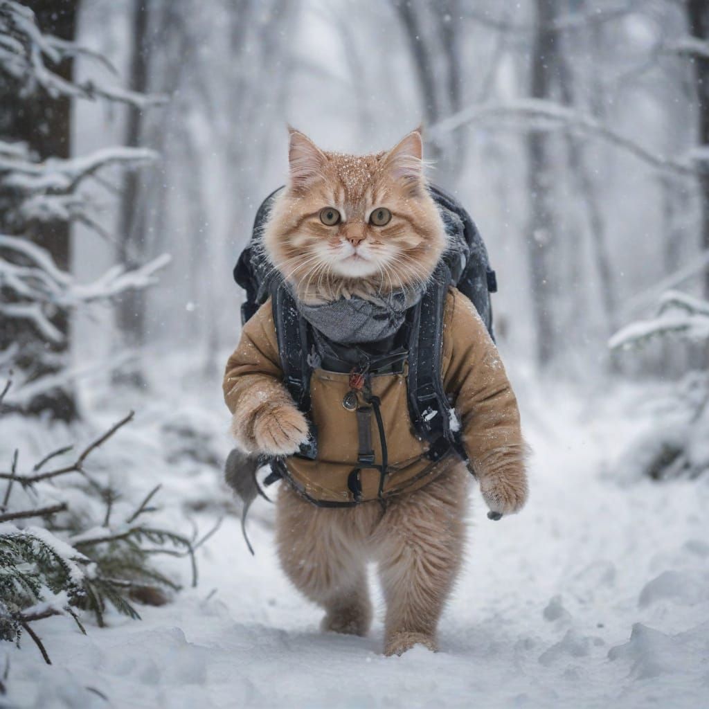 Fluffy Kitten Braves Winter Storm in Snowy Forest
