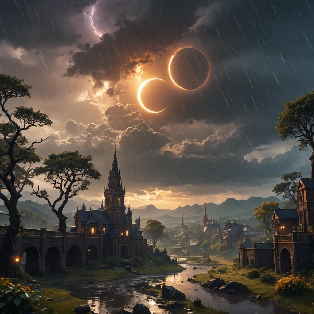 Rainy Landscape with Solar Eclipse, Detailed Matte Painting
