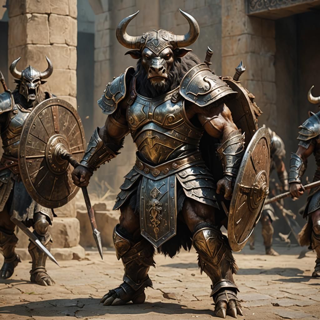 Armored Minotaur Warrior with Spear and Shield