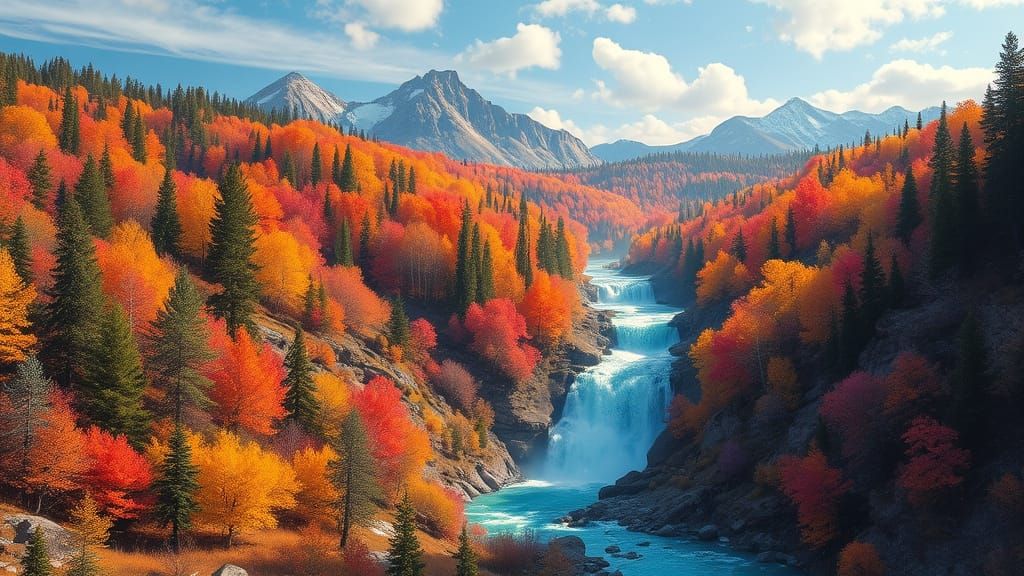 Vibrant Autumn Waterfall Landscape in Montana