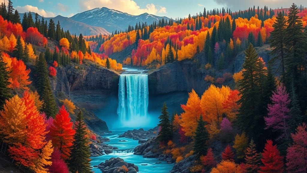 Vibrant Autumn Waterfall in Montana Digital Painting