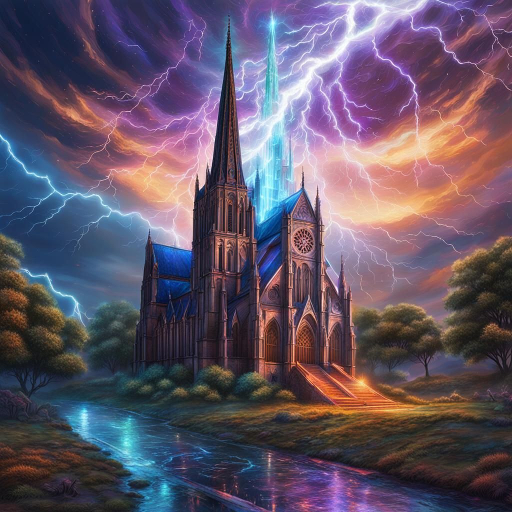 Lightning Strikes Cathedral Spire in Astral Illustration