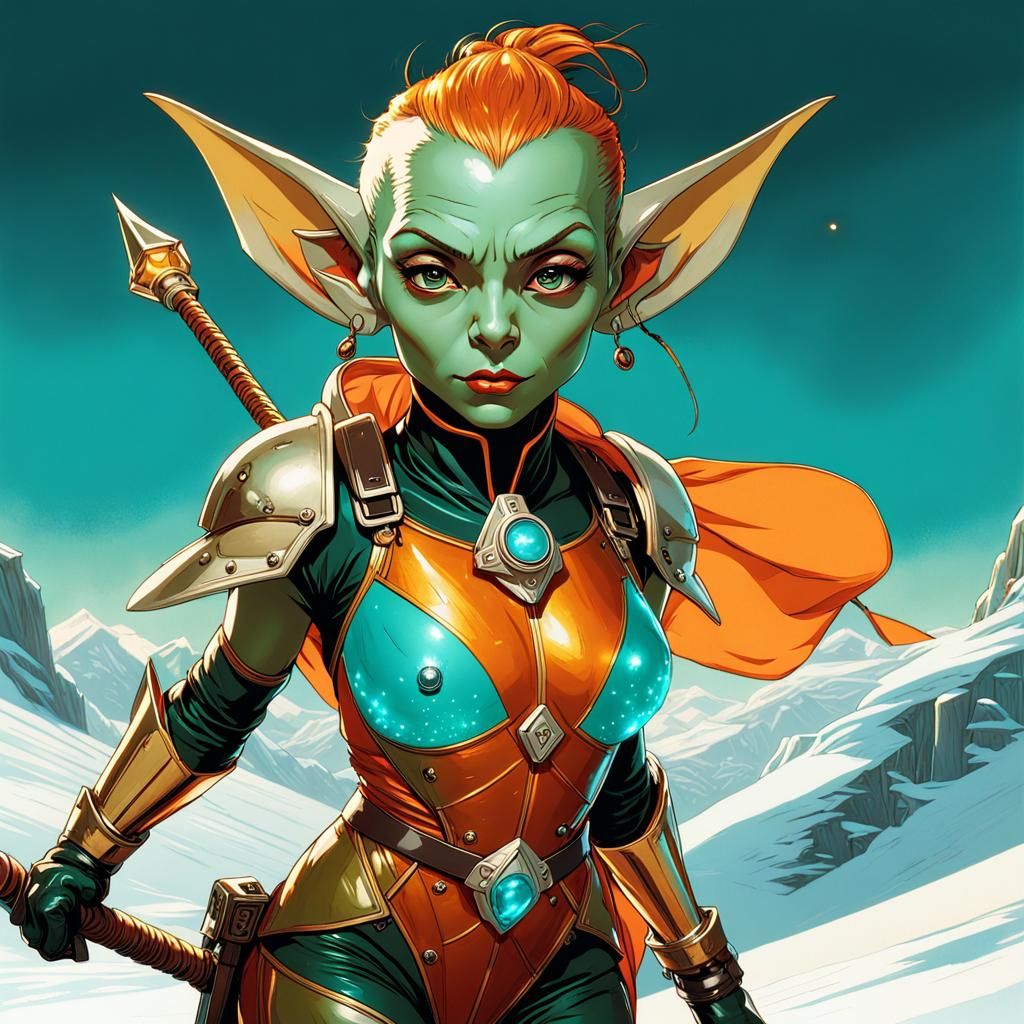 Luminescent Goblin Pilot in Icy Landscape Portrait