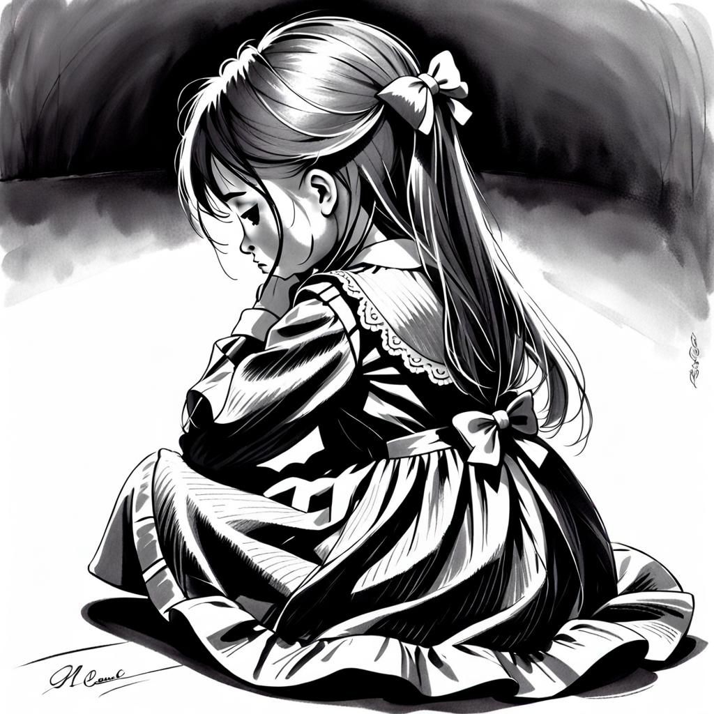 Monochrome Pencil Sketch of a Crying Girl