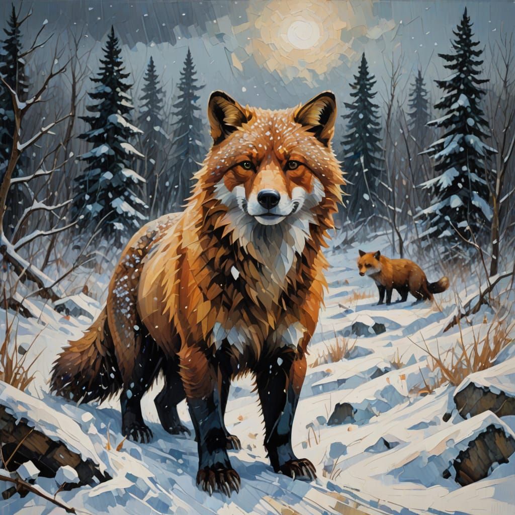 Snow Tempest: Fox and Bear in Impasto