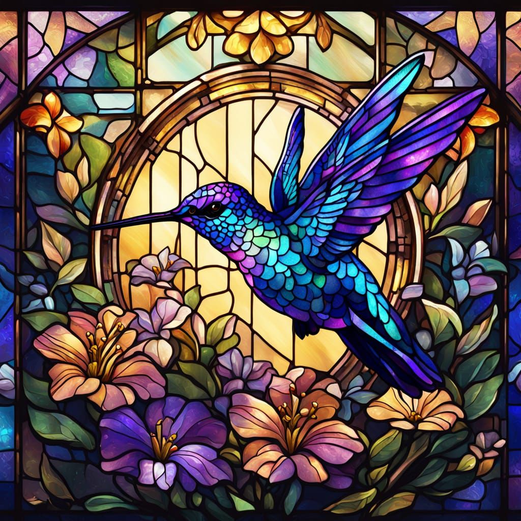 Stained Glass Hummingbird and Flowers in Fantasy Art