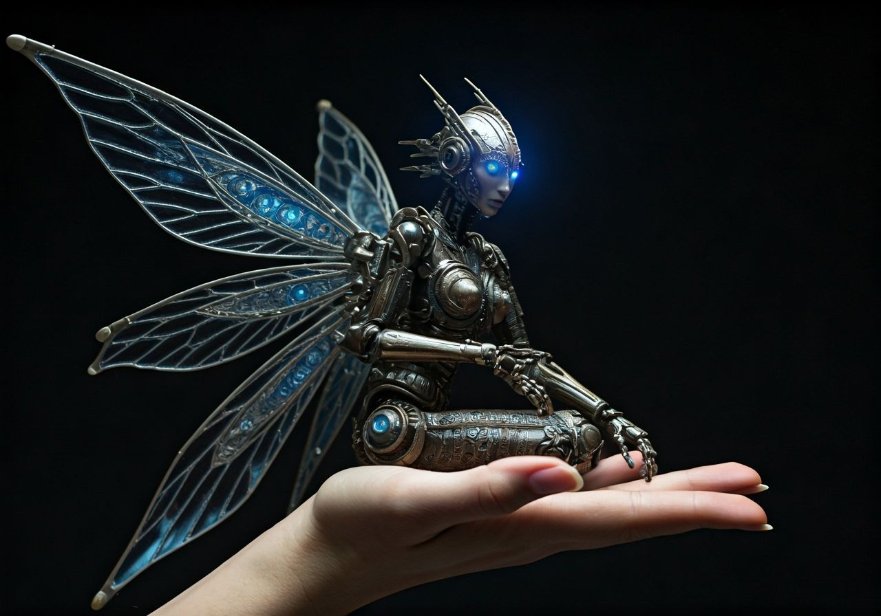 Robotic Fairy with Blue Eyes and Metal Wings