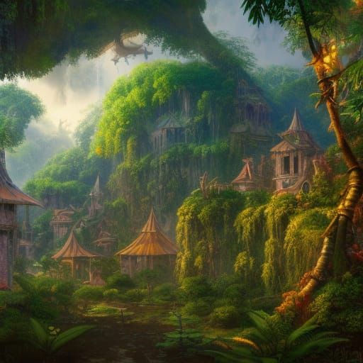 Jungle Canopy Village: Detailed Matte Painting