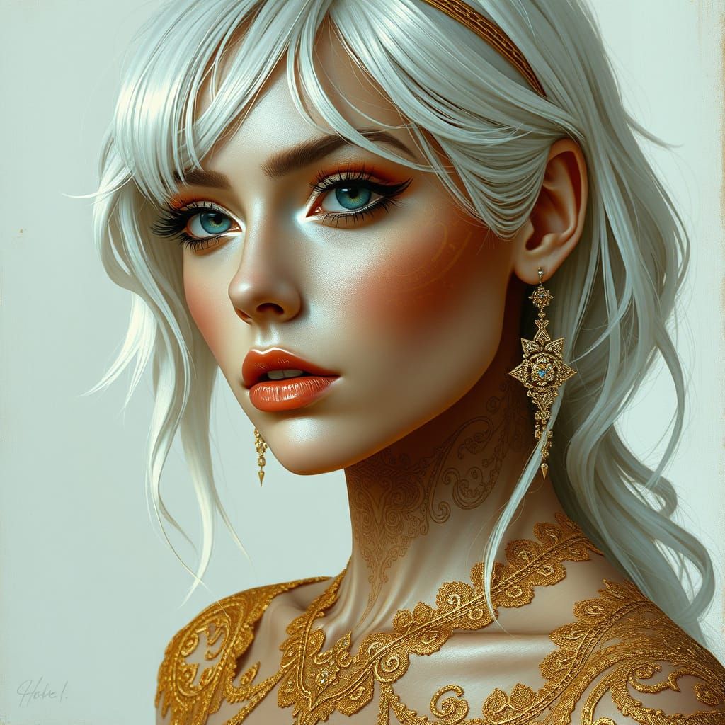 Woman in Gold Lace: A Digital Art Nouveau Portrait