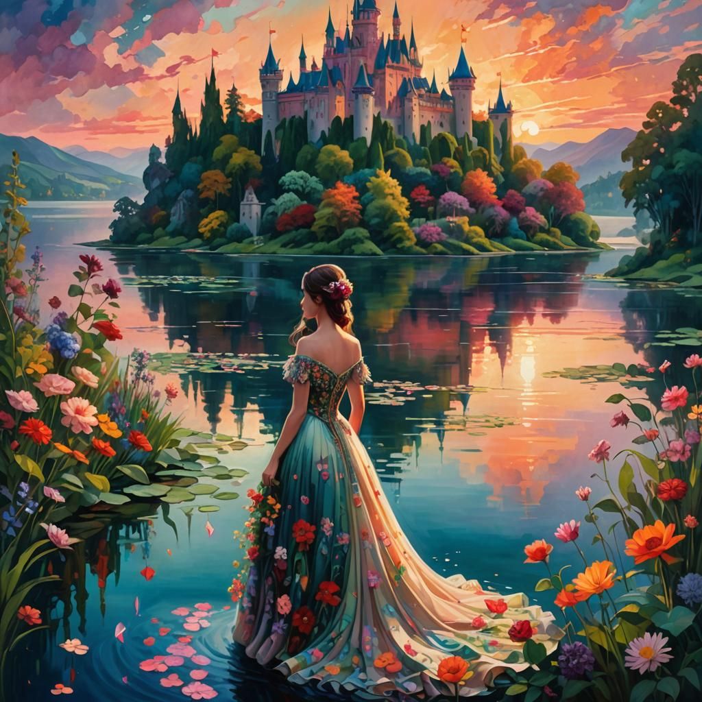 Romantic Fantasy Woman at Lake at Sunset