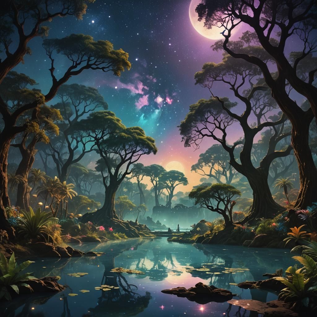 Shimmering Oasis Under Starry Night Sky