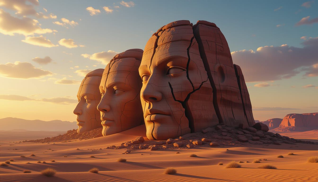 Hidden Faces in Desert Rock Formation at Dusk