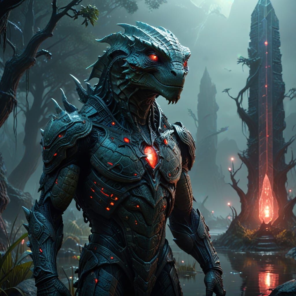 Ancient Reptilian Aliens Near Crystal Obelisk