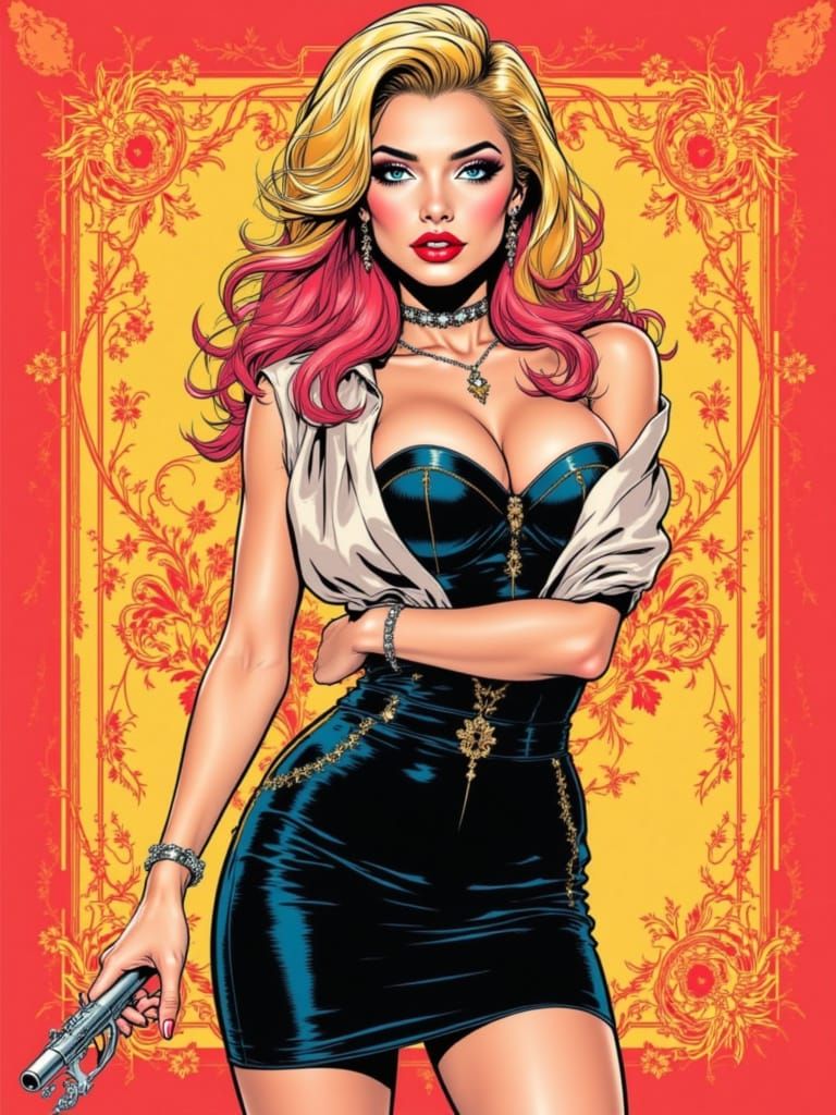 Pin-Up Woman in Pink-Tipped Hair, Bold Eye Contact