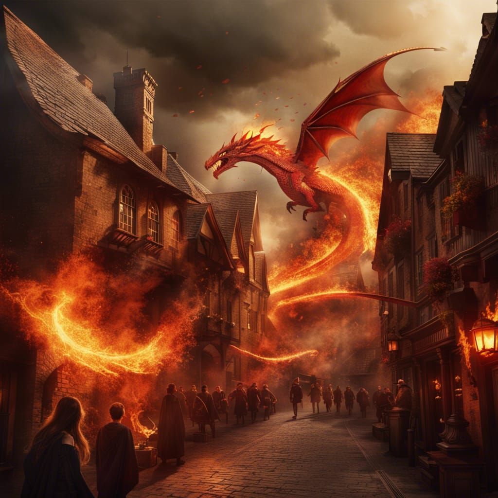 Dragon's Fiery Destruction of a Medieval Town