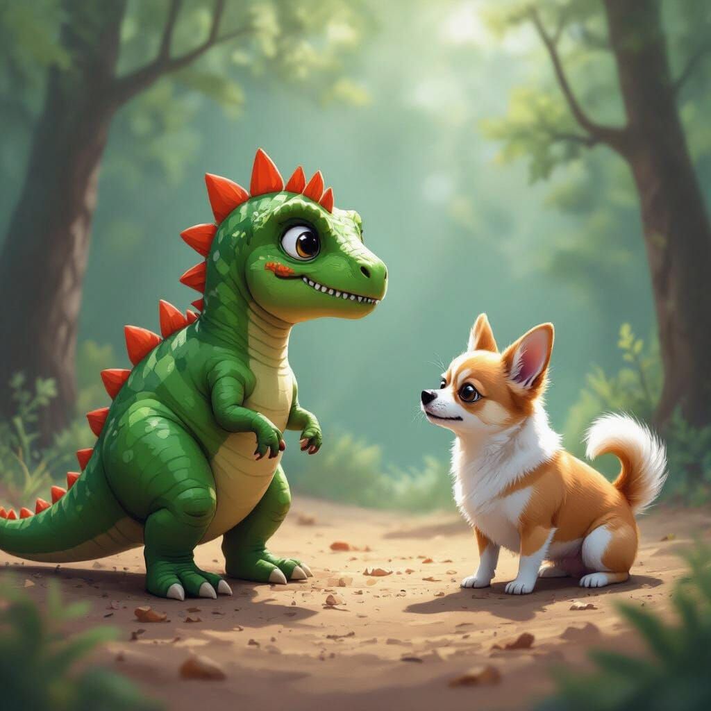 Sinister Dinosaur Confronts Chihuahua, Digital Art
