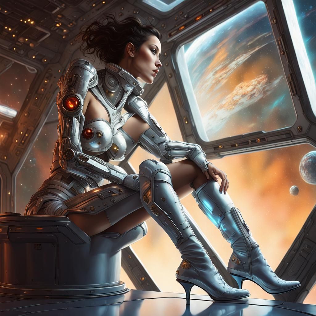 Cyborg Silhouette in Space Station, Boris Vallejo Style