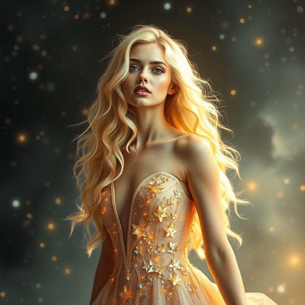 Blonde Woman in Starlight Gown: Ethereal Portrait