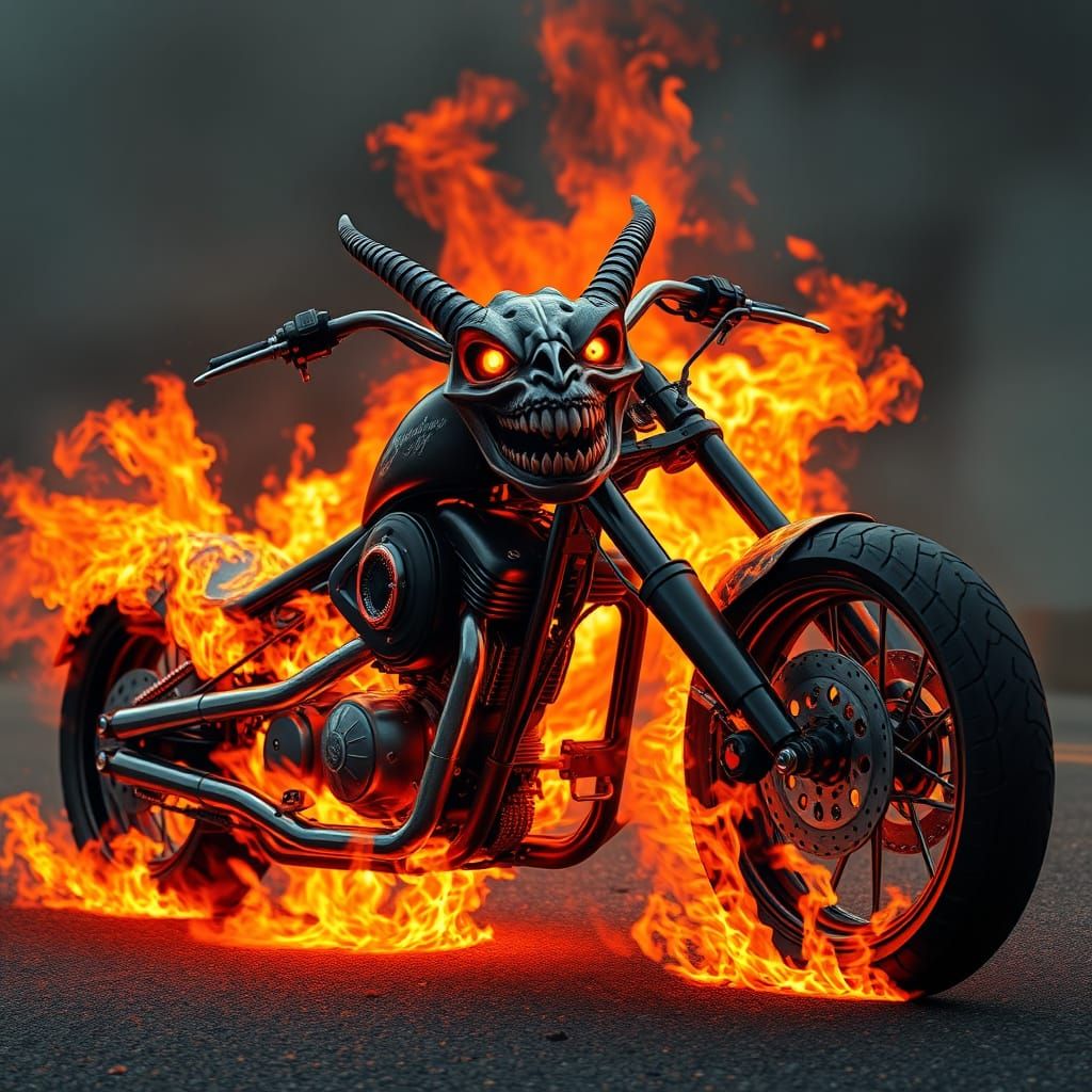 Demonic Motorcycle Engulfed in Flames: Hyperrealistic Image