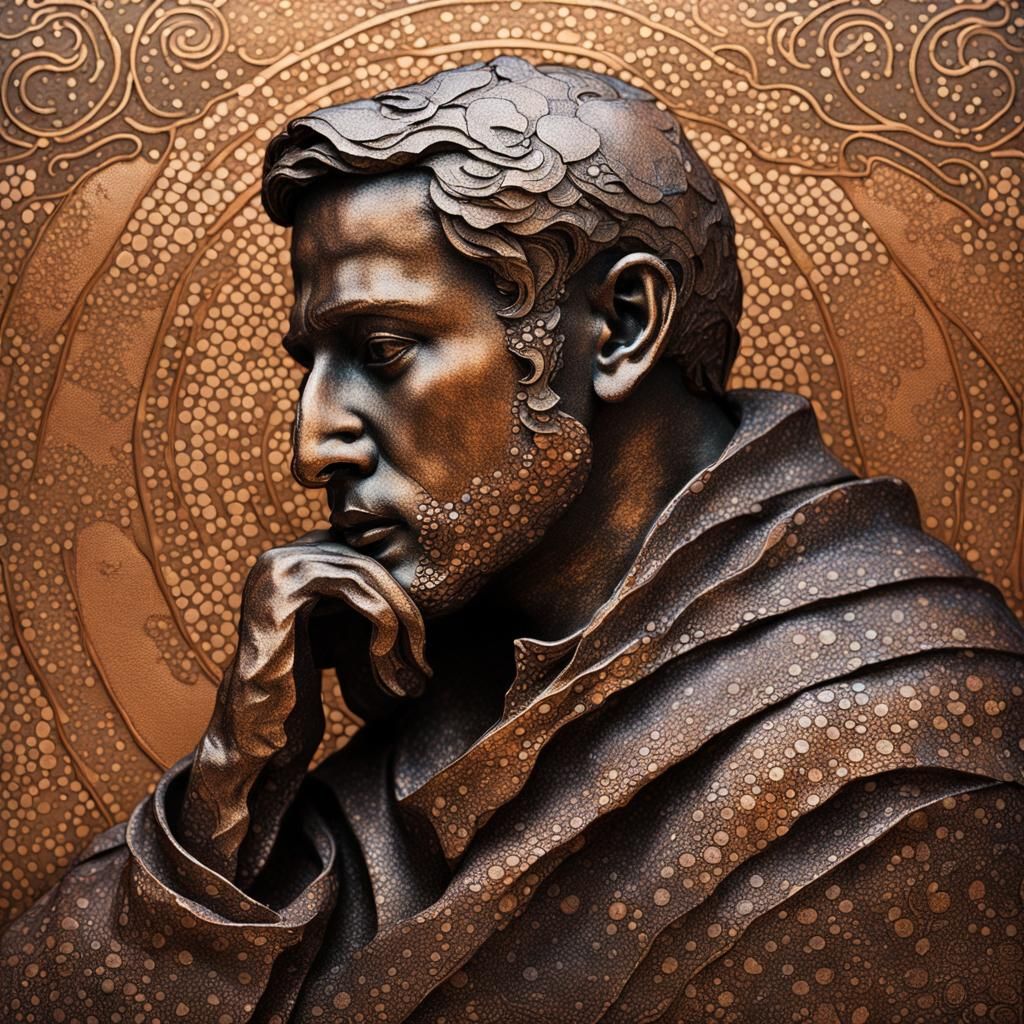 The Thinker Shrugging in Pointillism Art Style