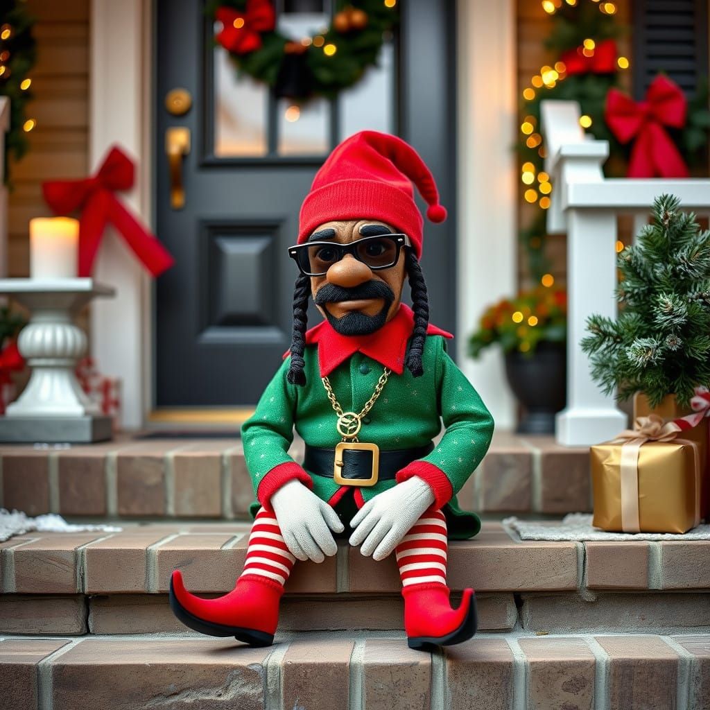 Snoop Dogg as Tiny Elf Sitting on Christmas Porch Steps