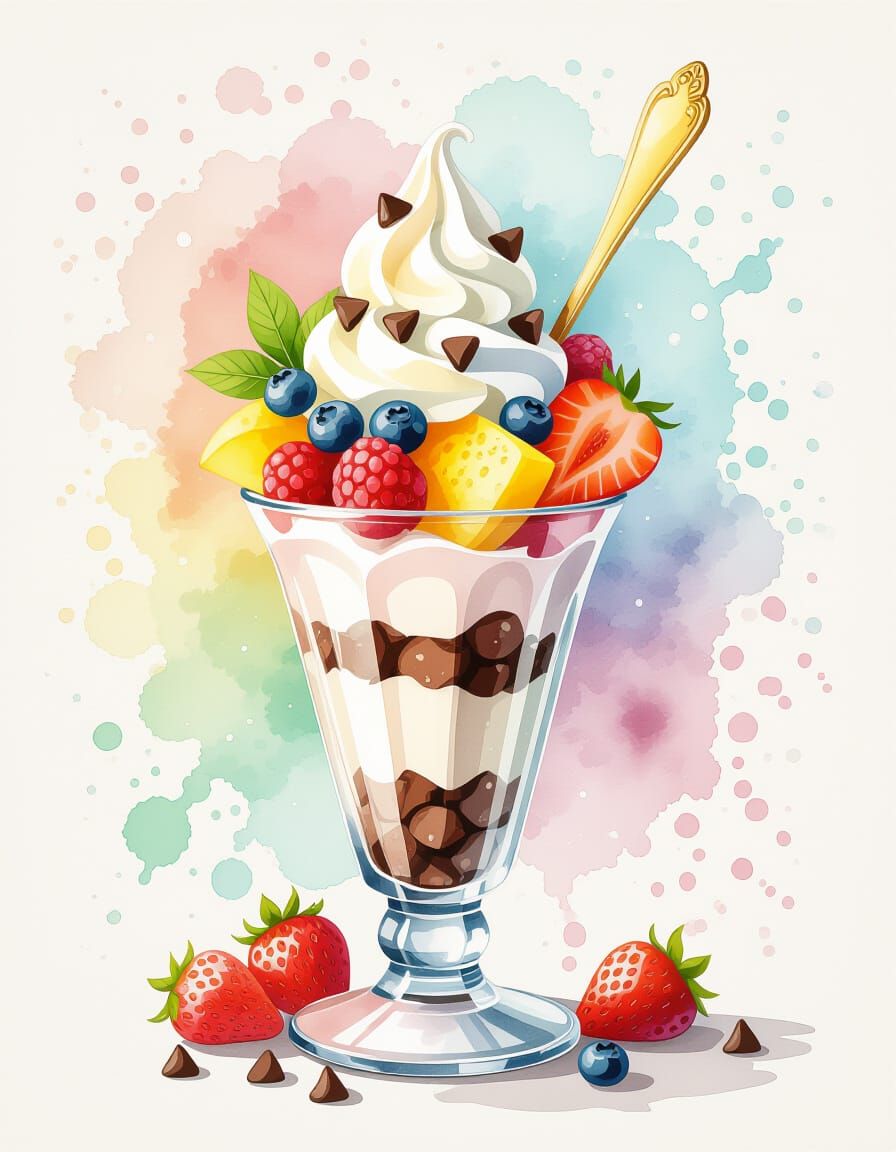 Mint Chocolate Chip Parfait in Watercolor Style