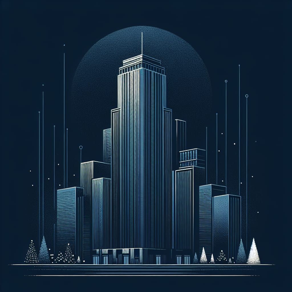 Dark Blue Cityscape Christmas Scene in Modern Minimalist Sty...