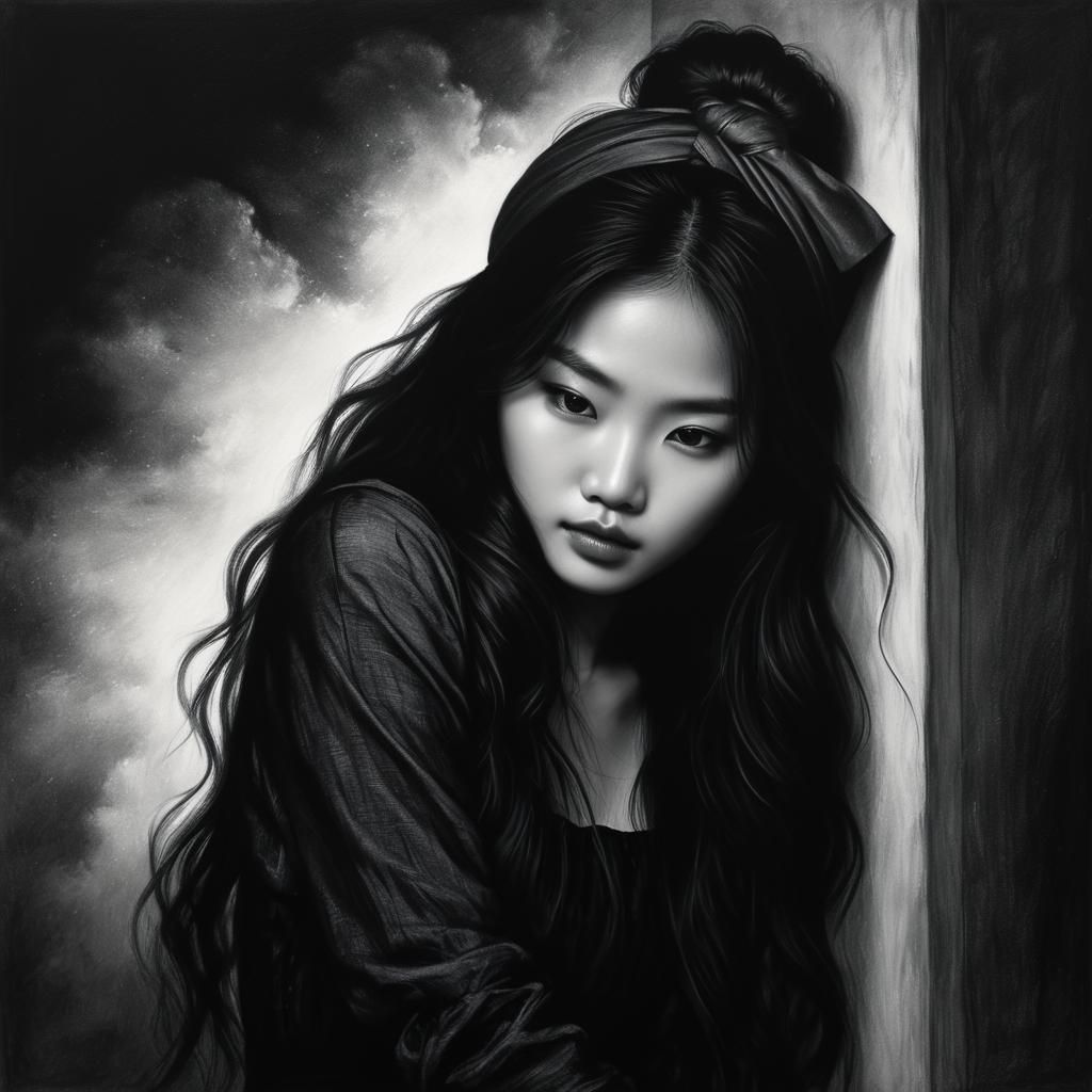 Ethereal Charcoal Drawing of Woman in Moonlight