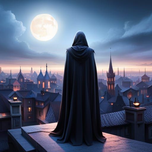 Cloaked Assassin Overlooking Medieval Town at Night