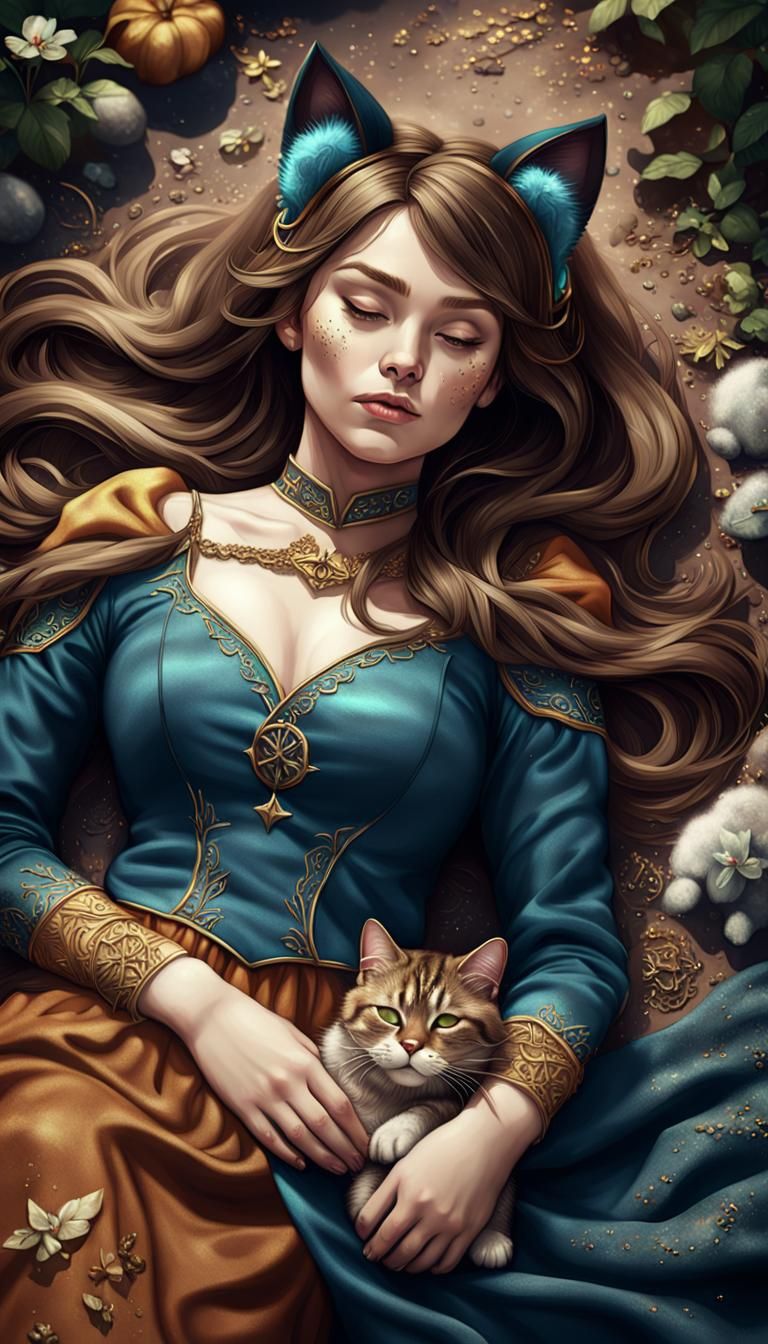 Woman with Cat Ears Sleeping, Detailed Matte Painting