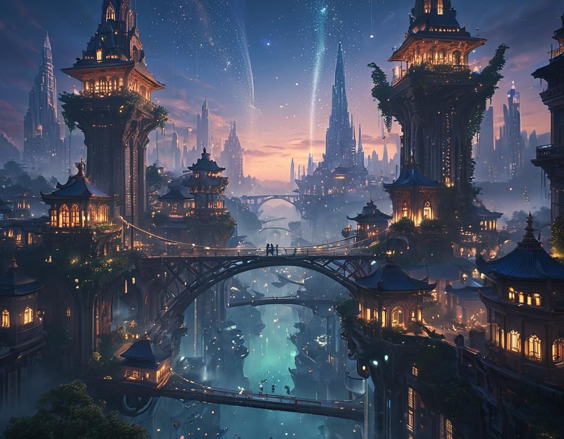 Ethereal Cityscape with Floating Islands and Bridges
