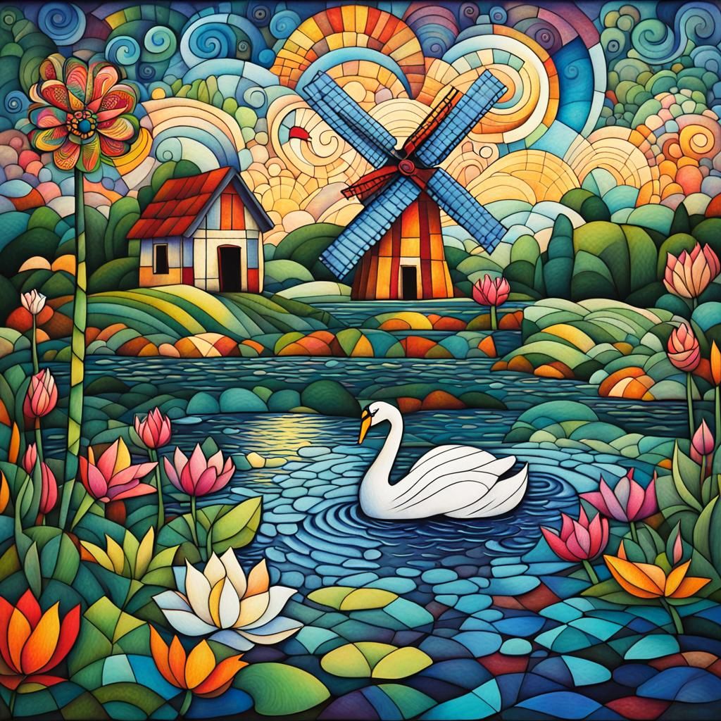 Colorful Windmill by Lake in Cubist Landscape