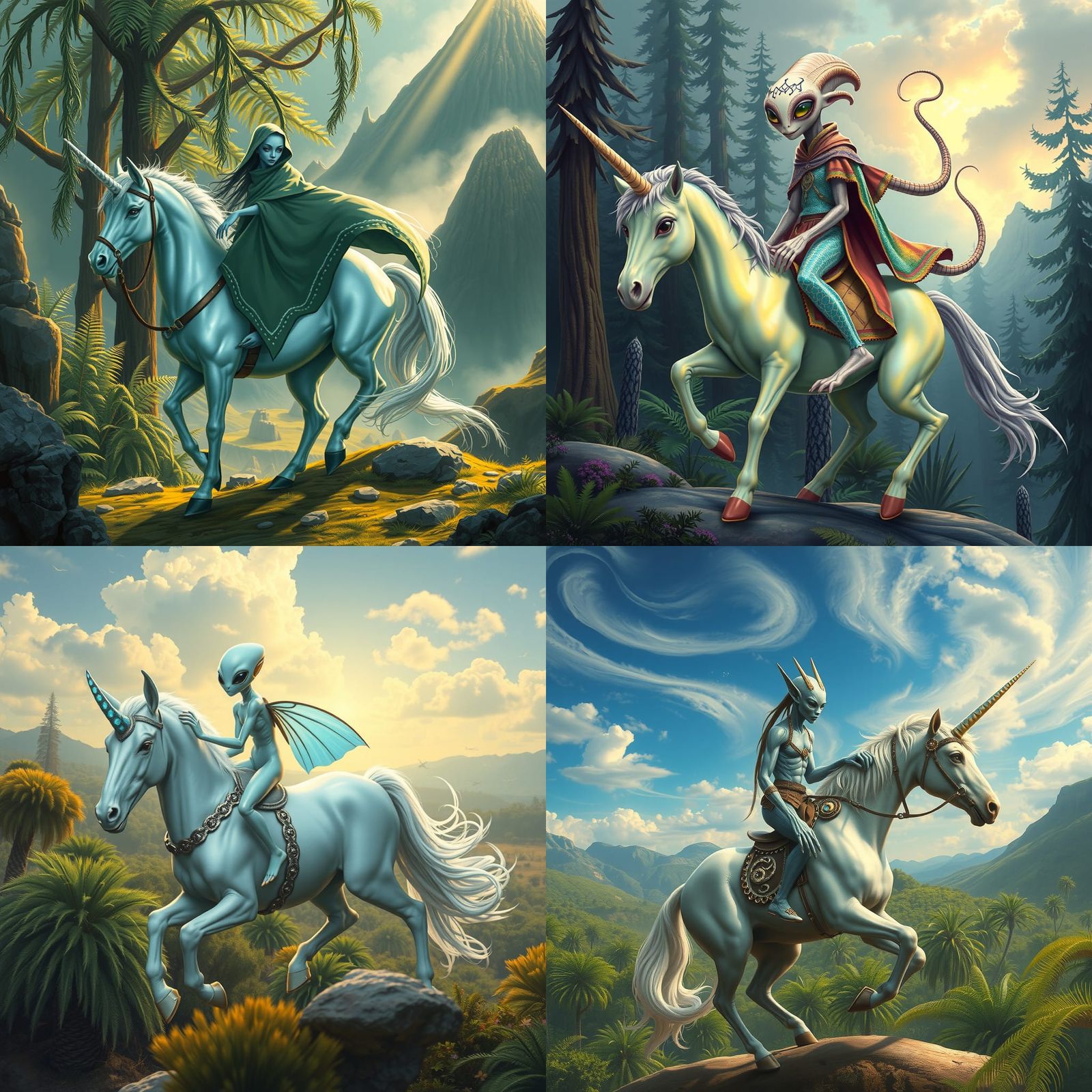 Alien Rides Unicorn in Triassic World