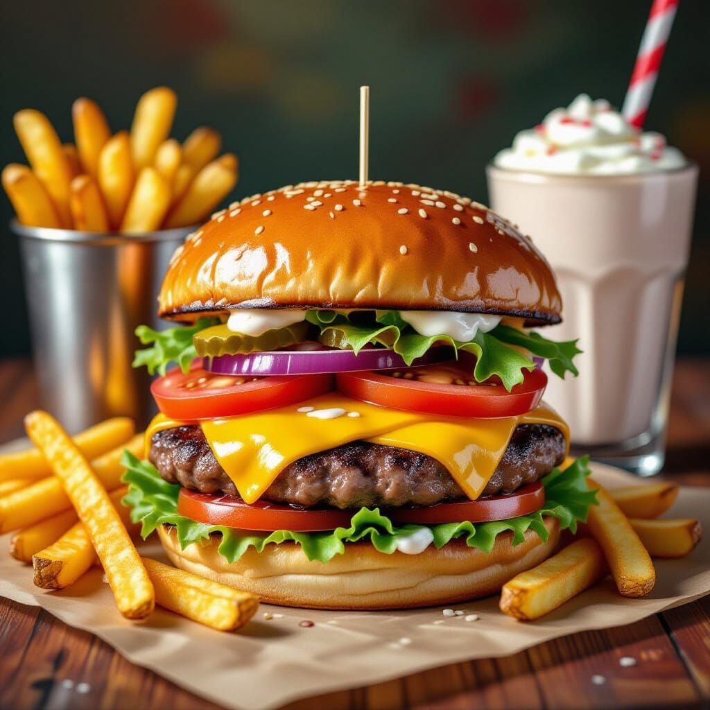 Juicy Burger, Fries, and Milkshake in Stylized Art