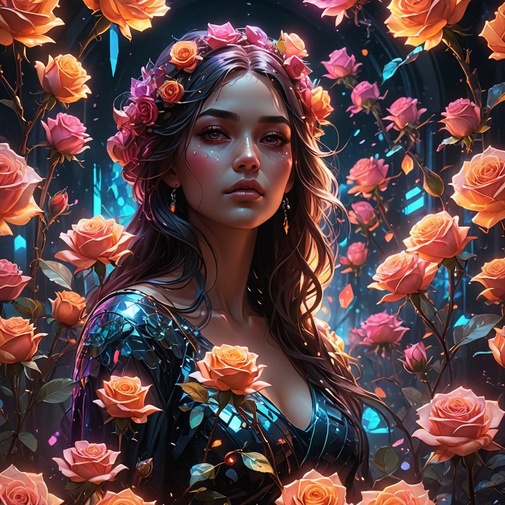 Neon Crystal Roses in Detailed Matte Painting Style