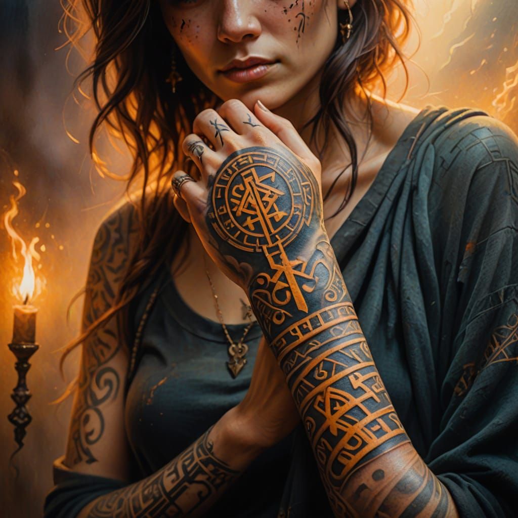 Runic Tattoo Arm in Golden Light, Oil Painting