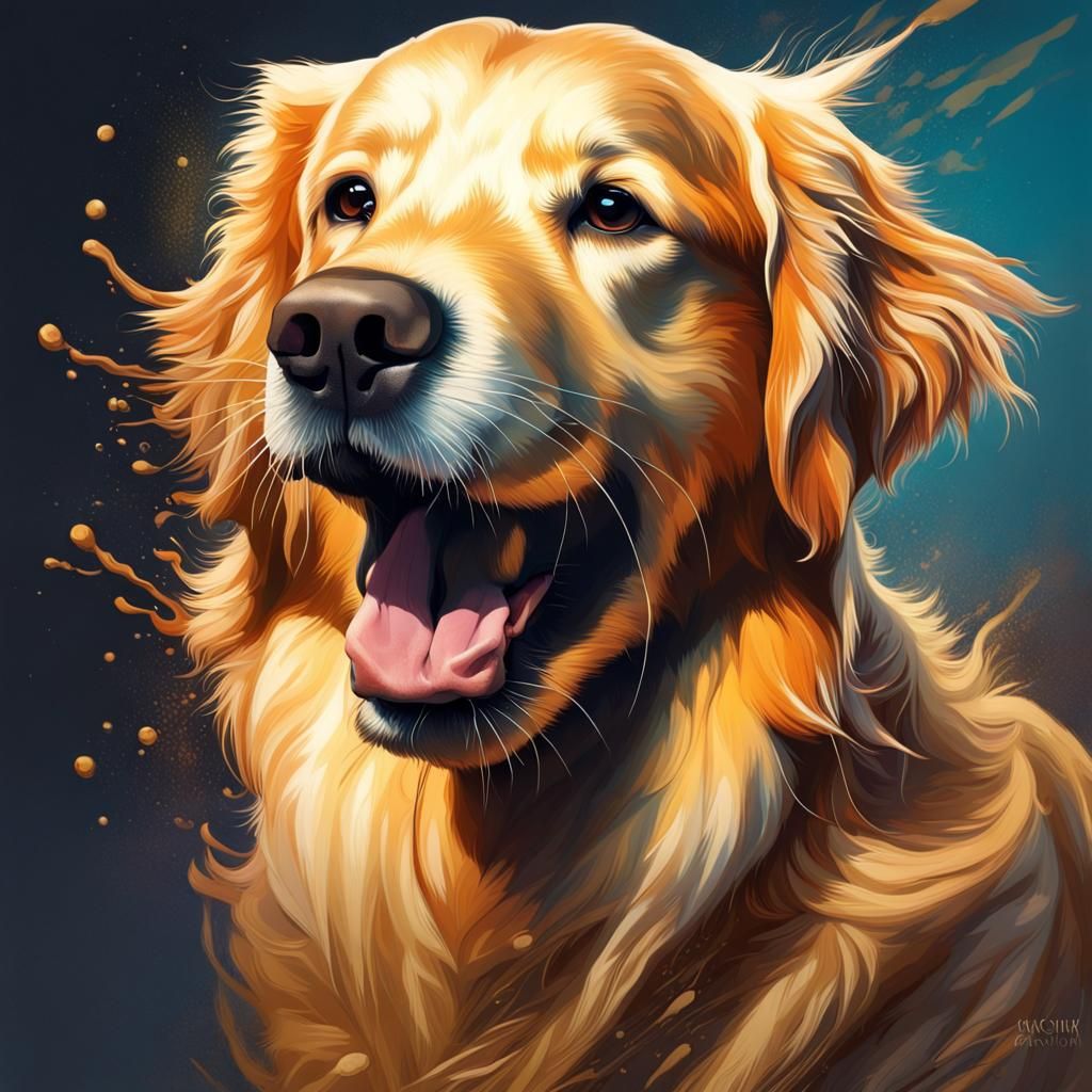 Hyperrealistic Golden Retriever Portrait with Splash Art