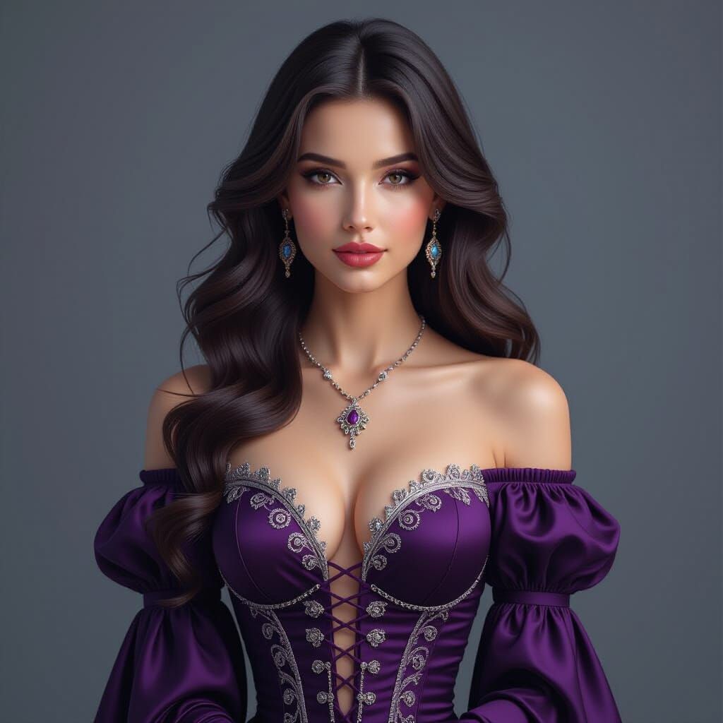 Woman in Plum Dress with Silver Corset