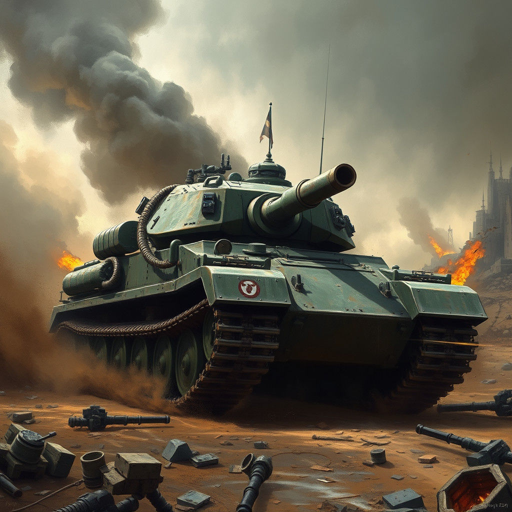 Armored Tank Speeds Across War-Torn Battlefield