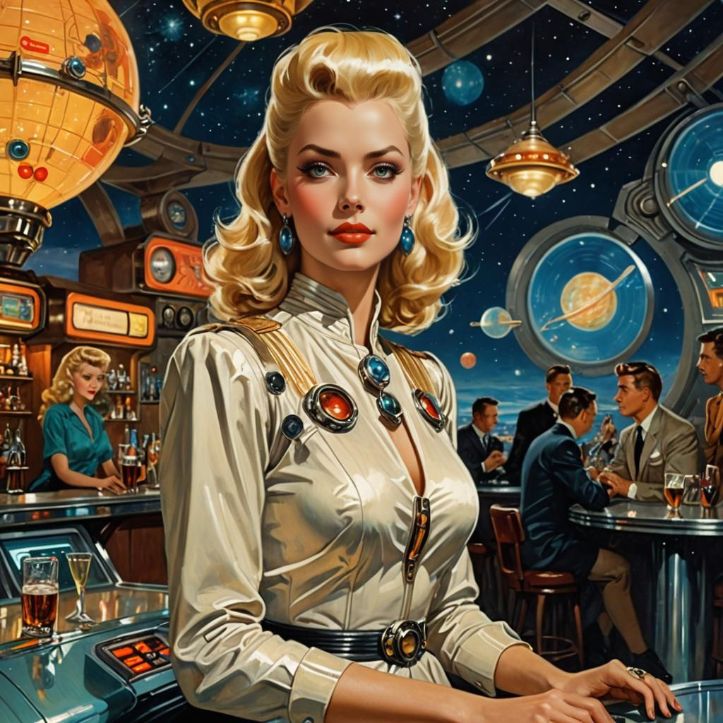 Retrofuturistic Singer in Space Station Bar