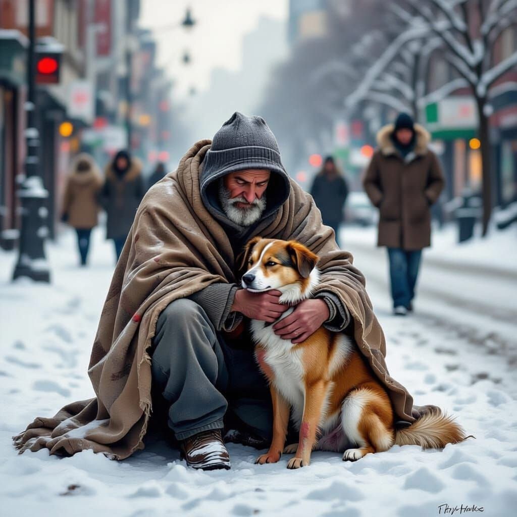 Homeless Man Shields Stray Dog From Winter Cold