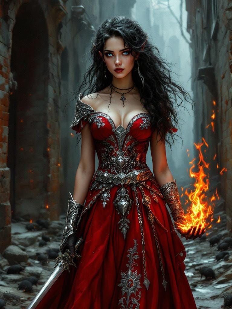 Dark Elf Warlock in War-Torn City, Digital Painting