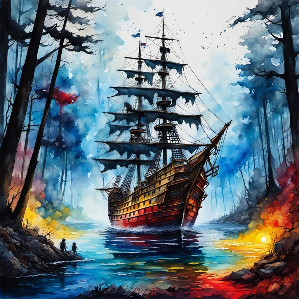 Sinister Pirate Ship Illustration in Oil and Watercolor