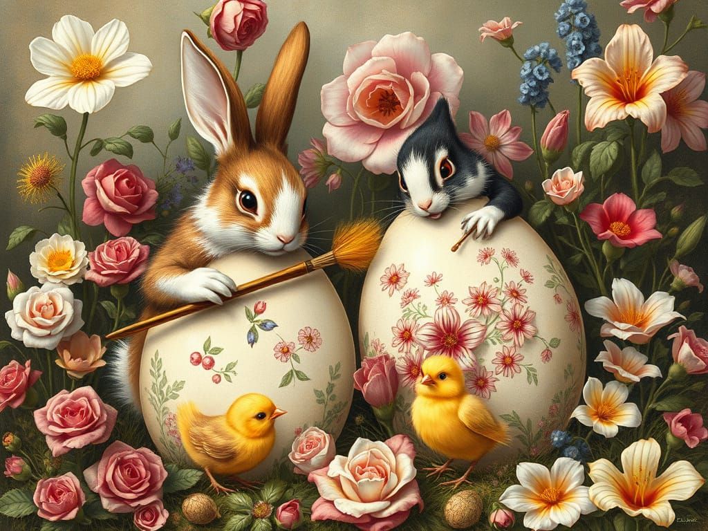 Easter Bunnies Painting Eggs in Floral Landscape