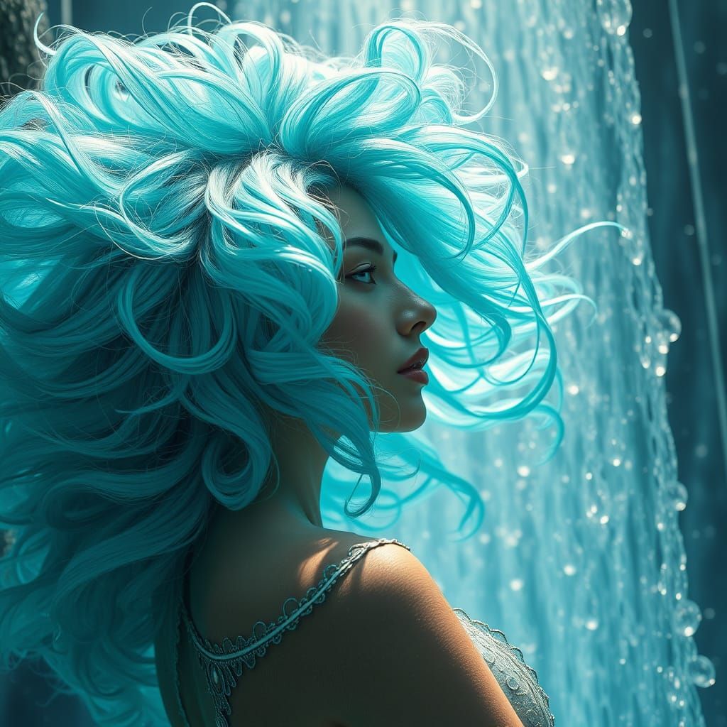 Woman's Turquoise Hair Dissolves Into Waterfall