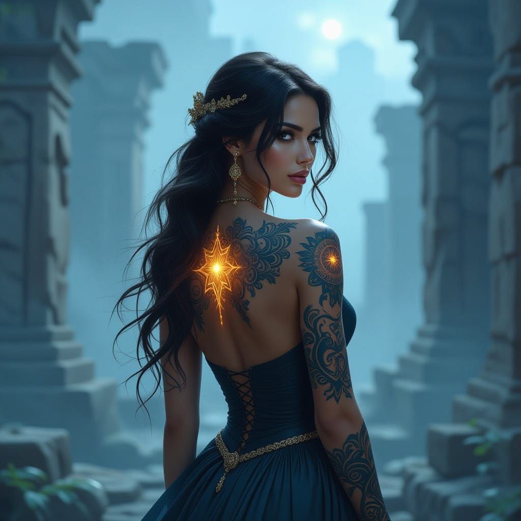 Mystical Woman with Celestial Tattoos in Ethereal Ruins