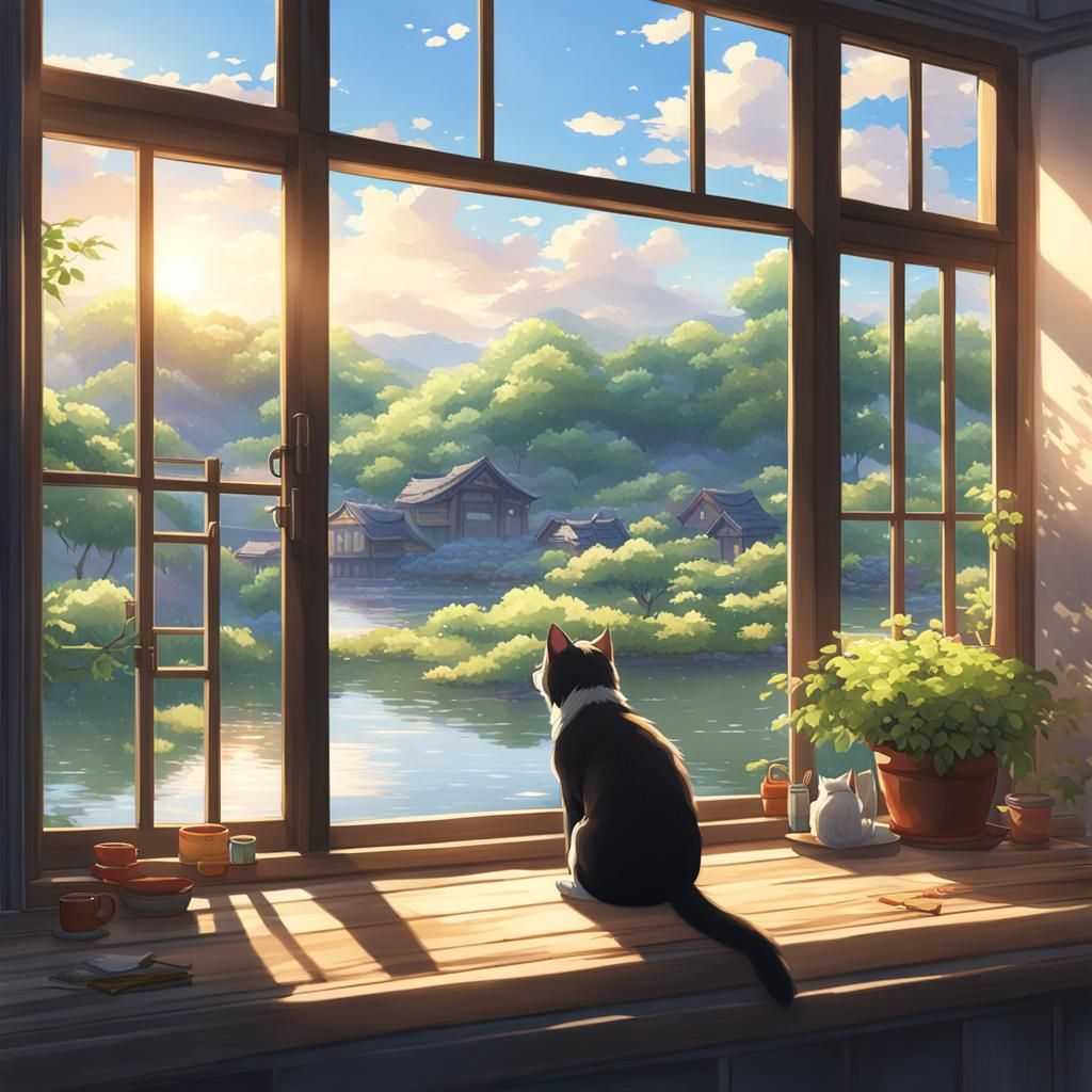 Anime River View with Cat and Dog, Detailed 3D Art