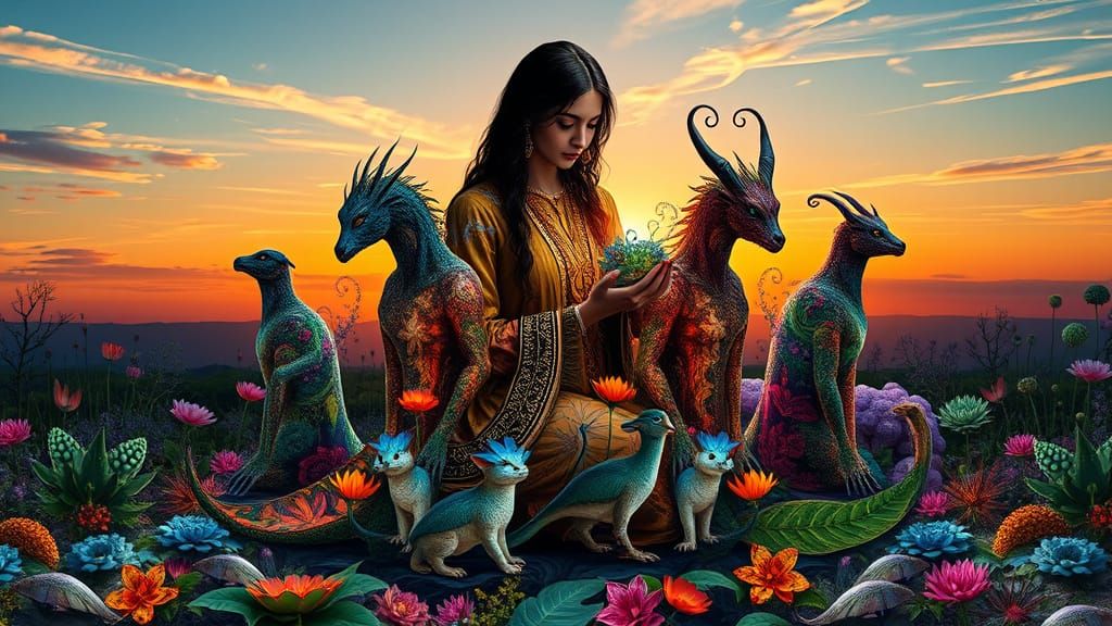 Dreamlike Collage of Mythical Creatures Amidst Vibrant Fanta...