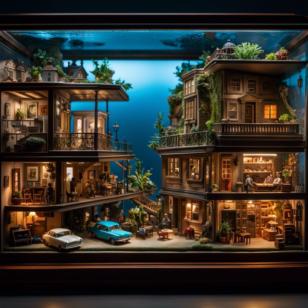 Miniature World in Aquarium, Hyperrealistic Concept Art