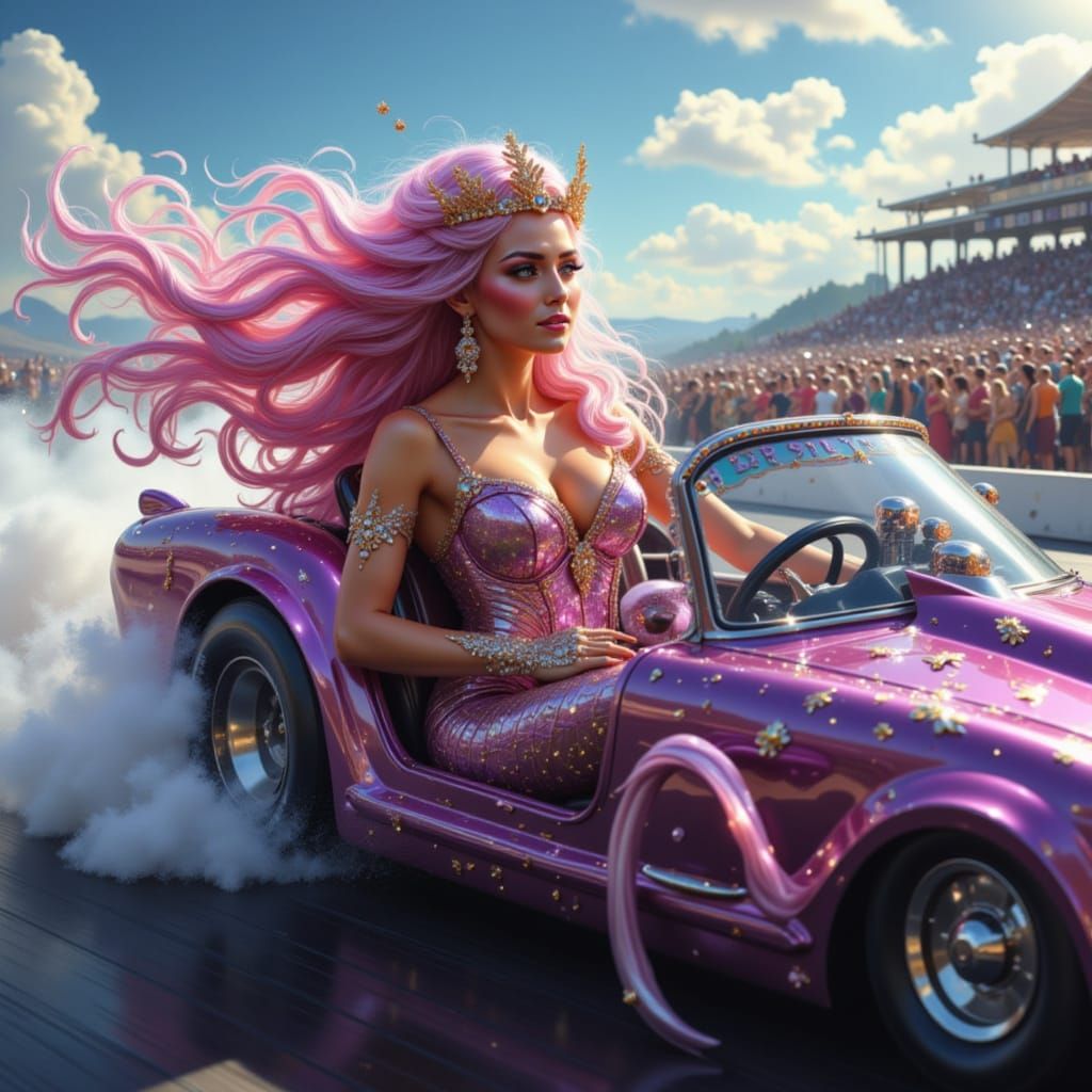 Drag Queen Speeds in Racing Car - Action Shot